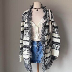 Black and white striped fringe cardigan